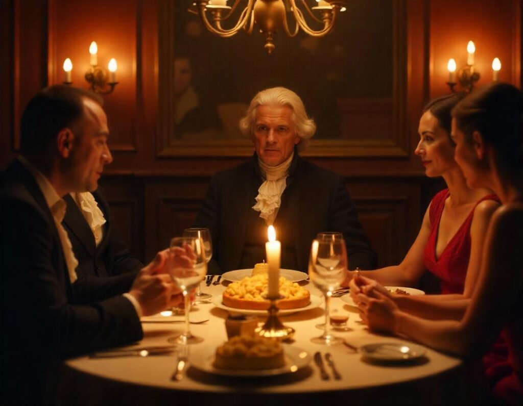 Thomas Jefferson dining with mac and cheese prominently featured on the table.