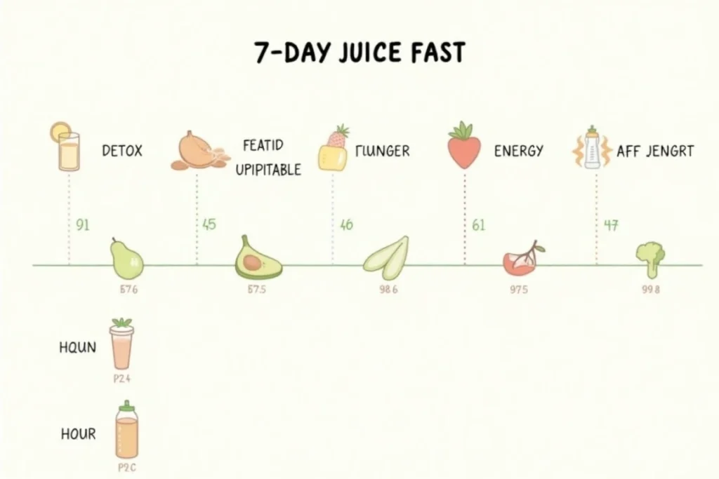 A 7-day timeline illustration showing physical and mental changes during a juice fast, from detox symptoms to increased energy.