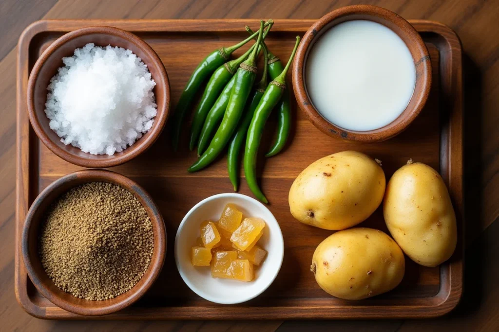 Fasting spices and ingredients: rock salt, cumin, chilies, jaggery, coconut milk, and boiled potatoes.