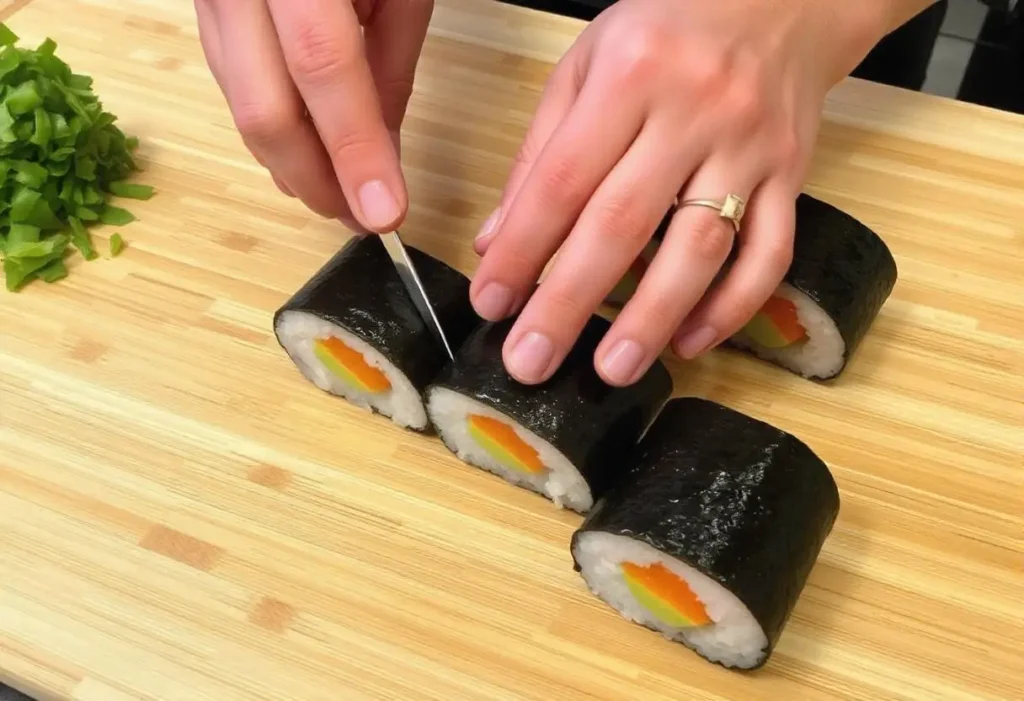 Chef placing tobiko onto gunkan maki sushi with a sushi mat in the background.