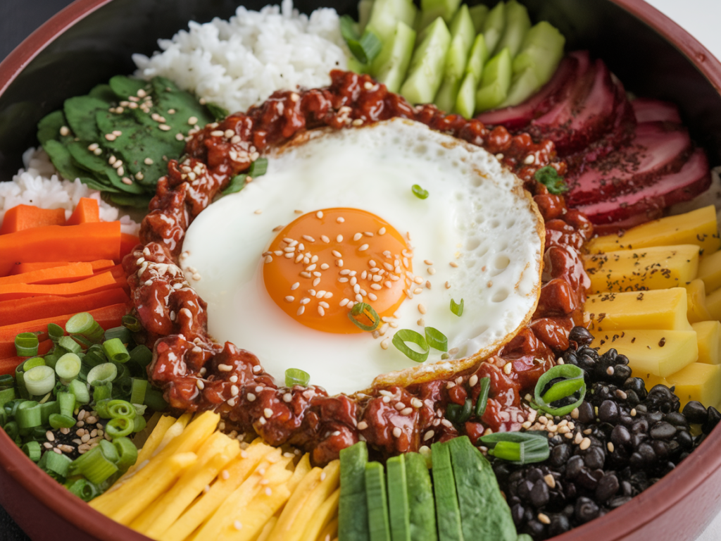 A finished bowl of bibimbap, served with sesame seeds and a dollop of chili paste.