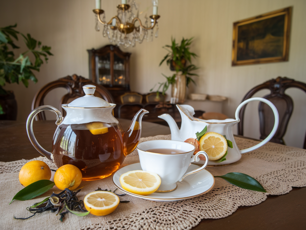 A traditional serving of Earl Grey tea with a slice of lemon and bergamot fruit.