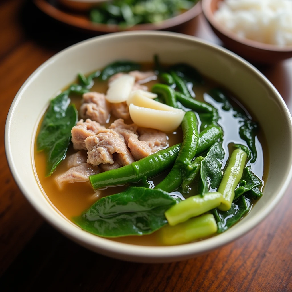 A steaming bowl of Filipino sinigang with vegetables and pork, served with rice.