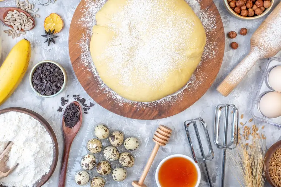 Ingredients for traditional hoe cakes, including cornmeal, eggs, and buttermilk.