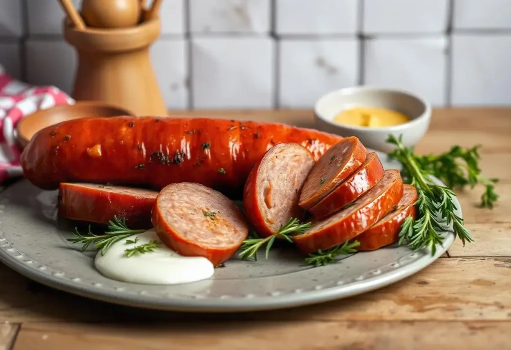 Traditional Polish kielbasa sausages hanging on a wooden rack in a rustic kitchen with garlic and spices in the background.