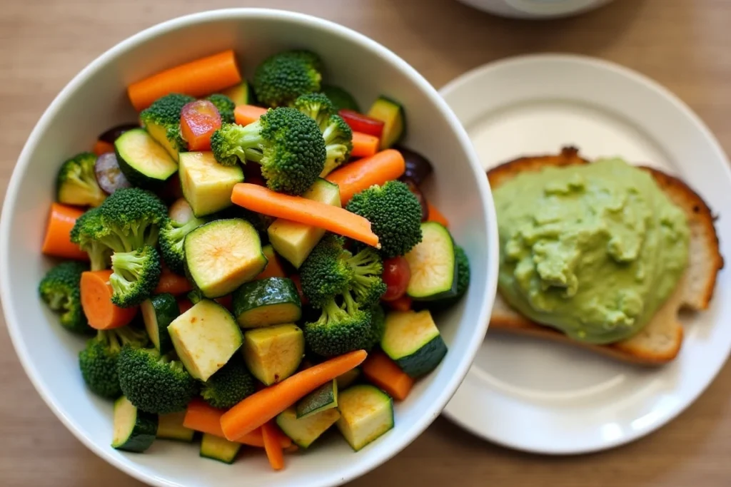 A bowl of steamed vegetables and avocado toast, perfect for transitioning after a juice cleanse.