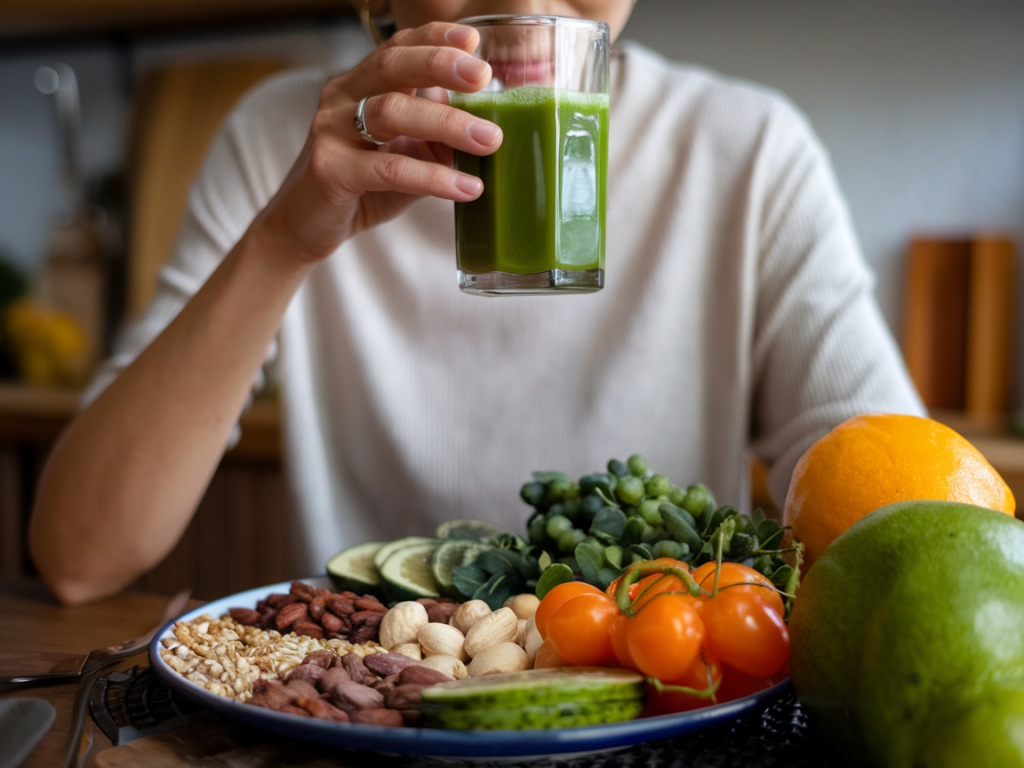 A person drinking green juice while transitioning to a healthier diet with fresh produce and whole grains.