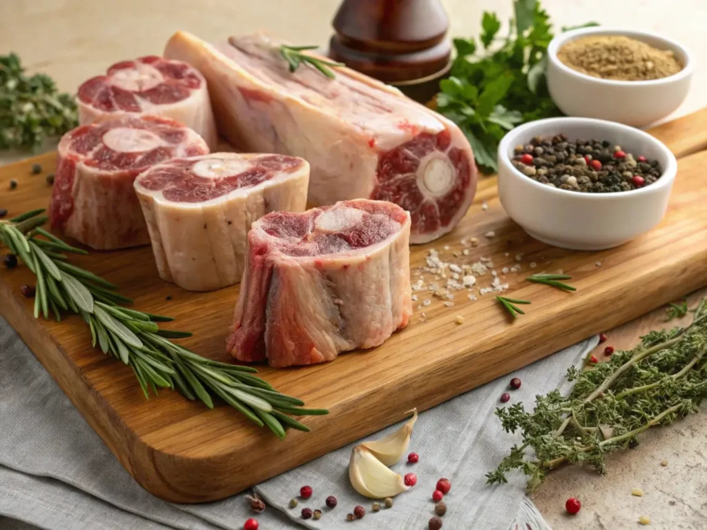 A selection of raw beef bones including marrow, knuckle, and shank on a wooden cutting board surrounded by herbs and spices.