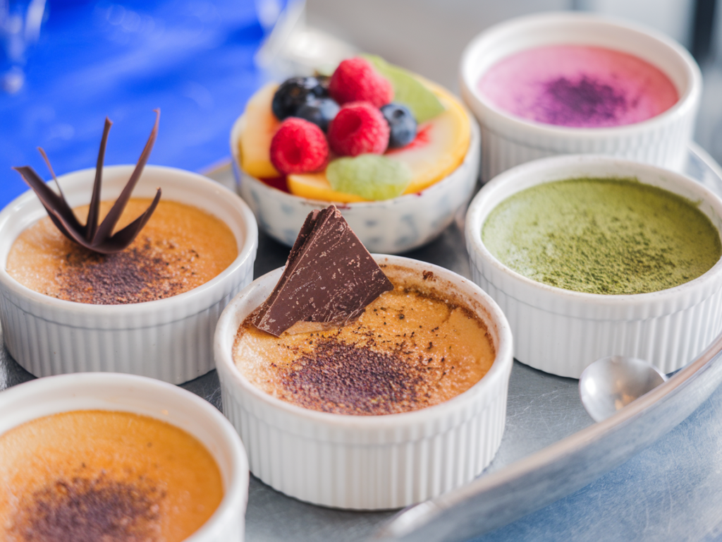 A selection of crème brûlée variations, including chocolate, matcha, and fruit flavors, garnished with toppings like berries and edible flowers.