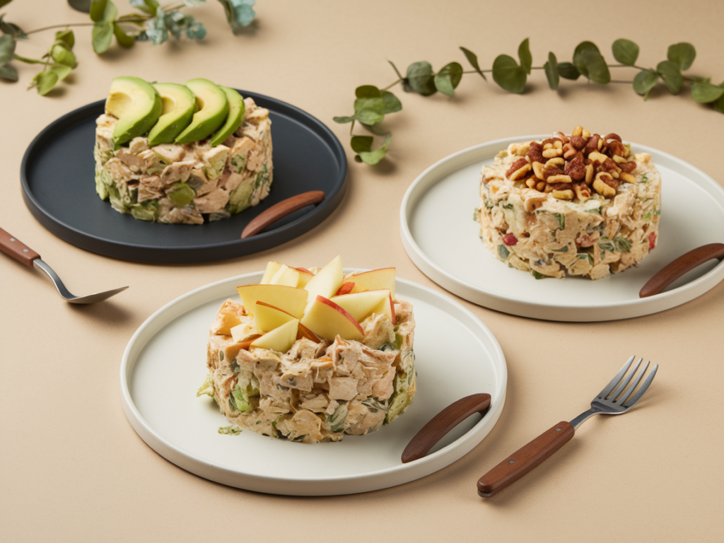 Three variations of 4 ingredient chicken salad with avocado, apple chunks, and nuts