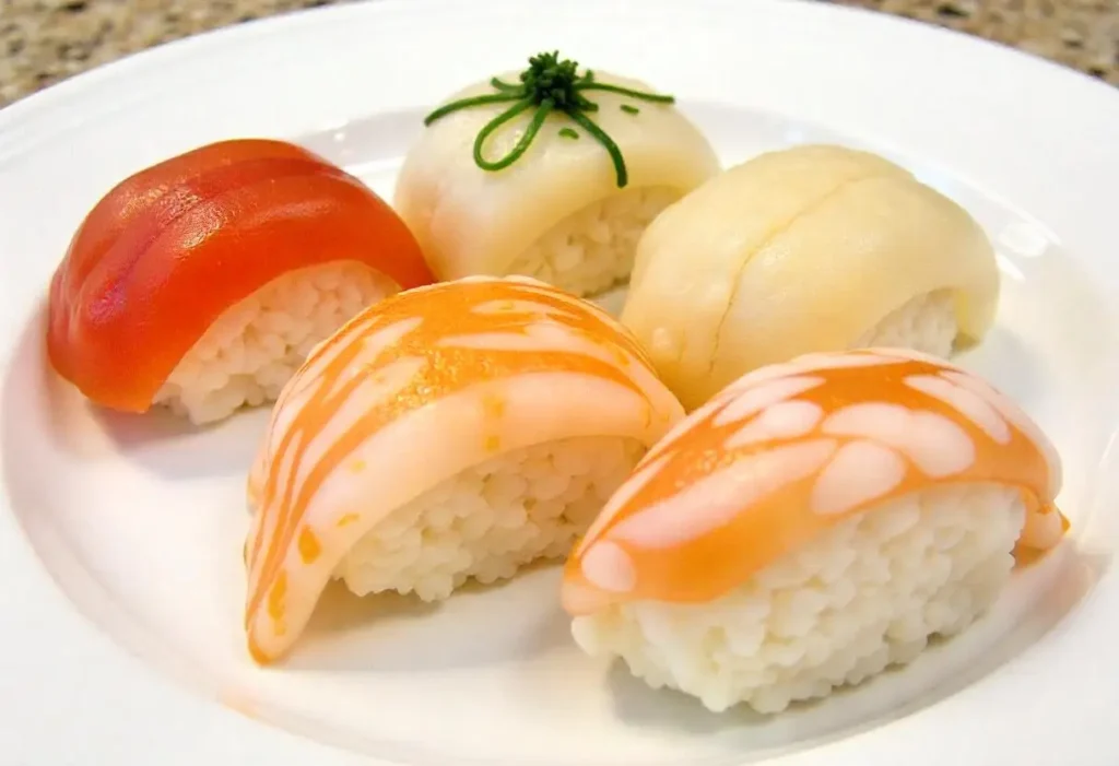 Four colorful tobiko varieties—orange, green, black, and yellow—on a wooden sushi board.