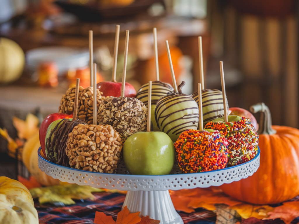 A variety of decorated apple pie caramel apples on a festive fall table.