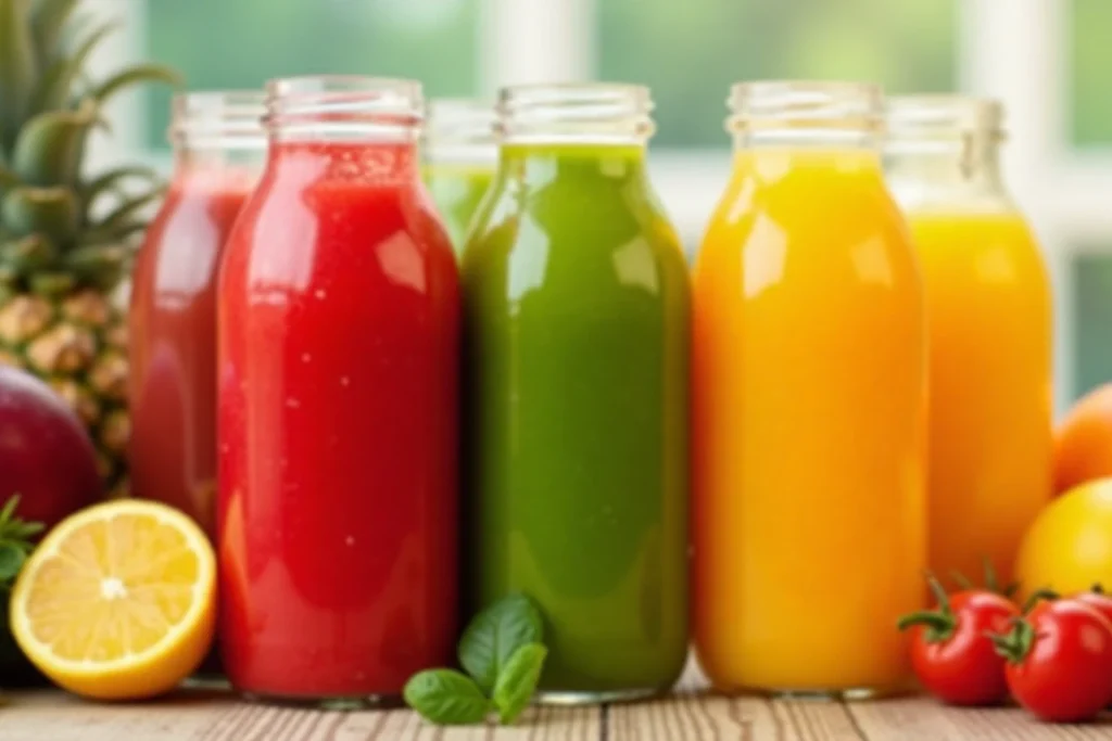 Colorful juices in clear bottles with fresh fruits and vegetables around them.