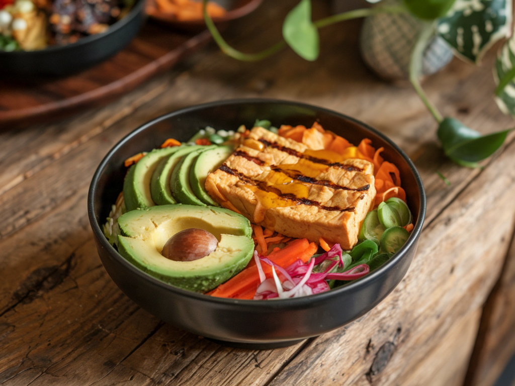 Fusion-style bibimbap with quinoa and avocado for a modern twist.