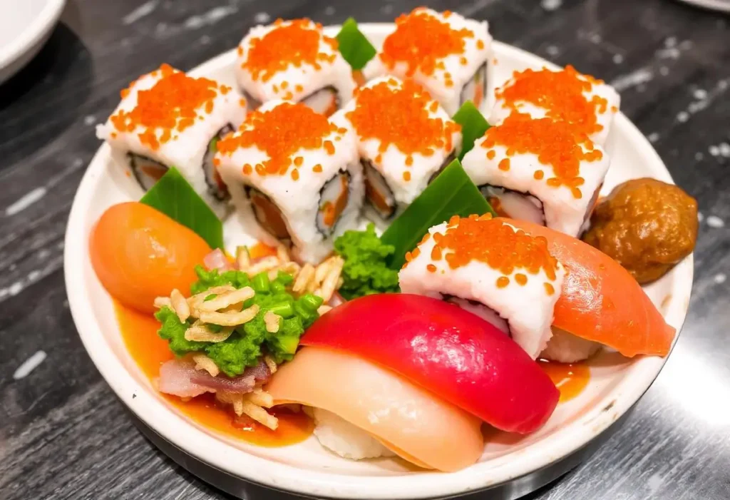 Close-up of vibrant orange tobiko sushi on a traditional Japanese plate with soy sauce and wasabi.