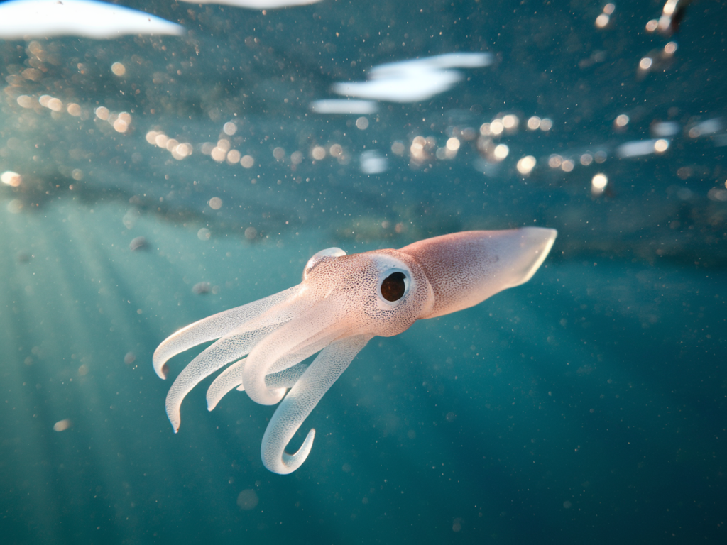 A close-up image of a translucent baby squid floating in ocean water.