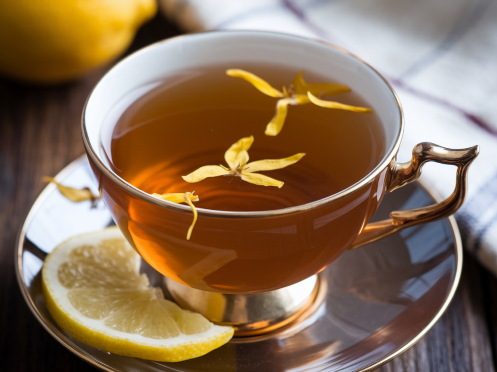 A steaming cup of Earl Grey tea with bergamot oranges in the background