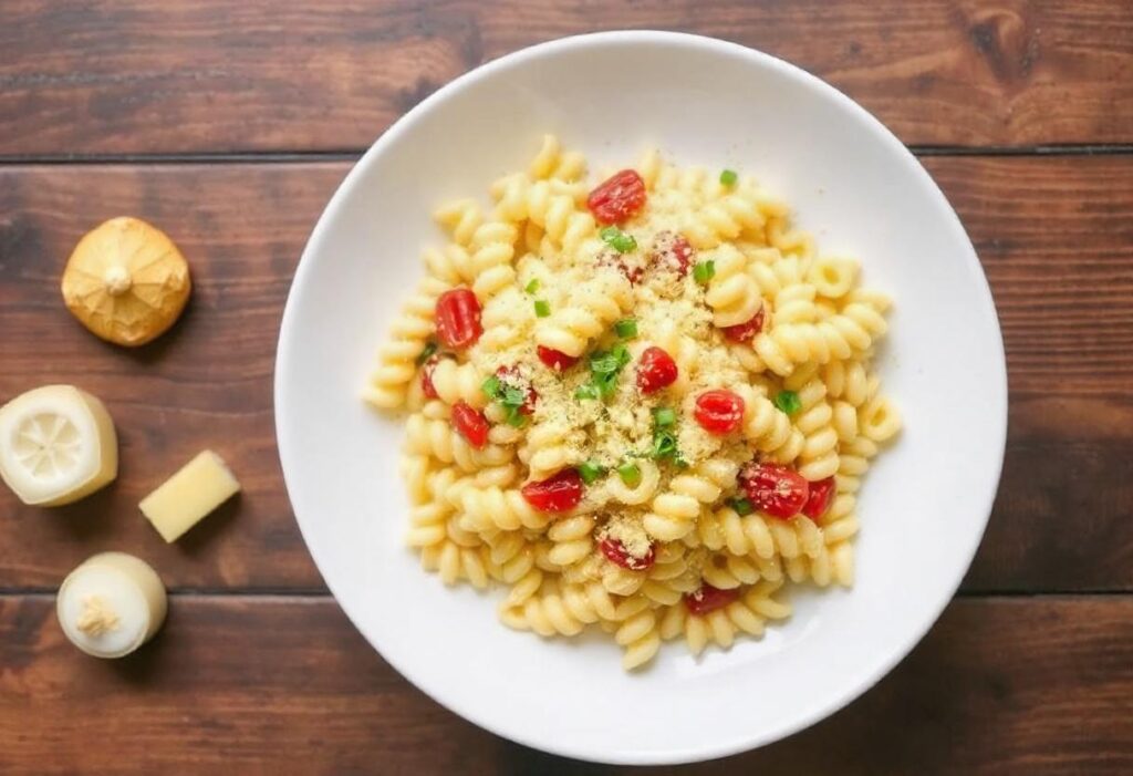 Close-up of ditalini pasta with basil, garlic, and Parmesan on a wooden surface.