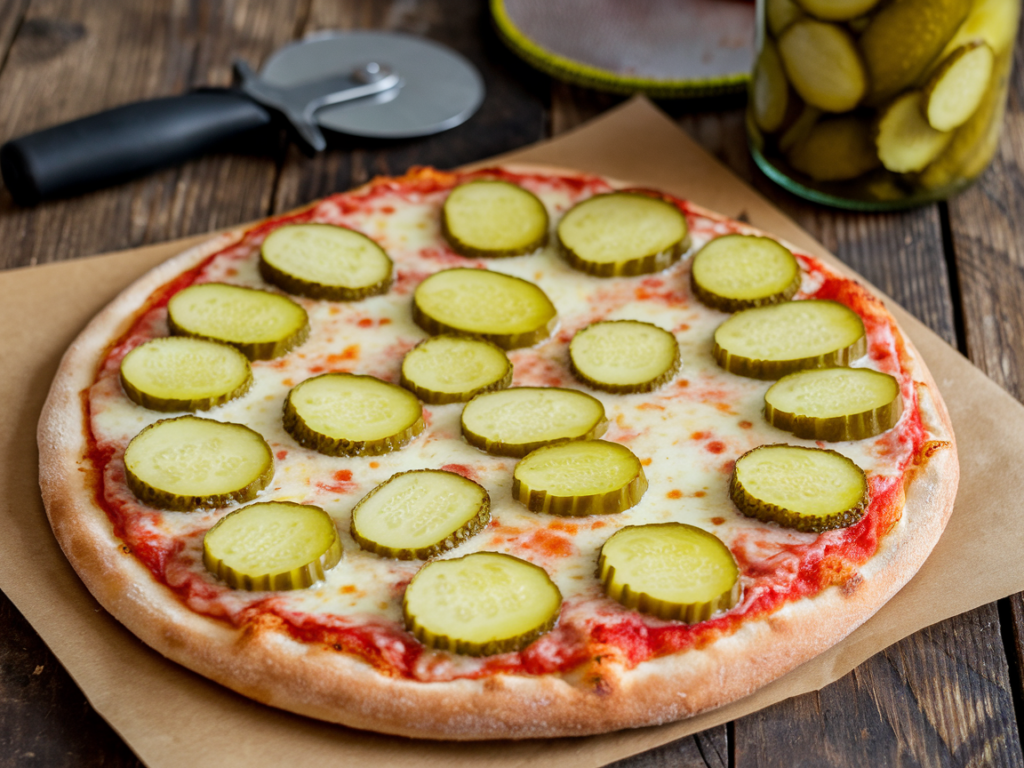 Close-up of pickle pie pizza with golden crust, melted mozzarella, and tangy pickle slices.
