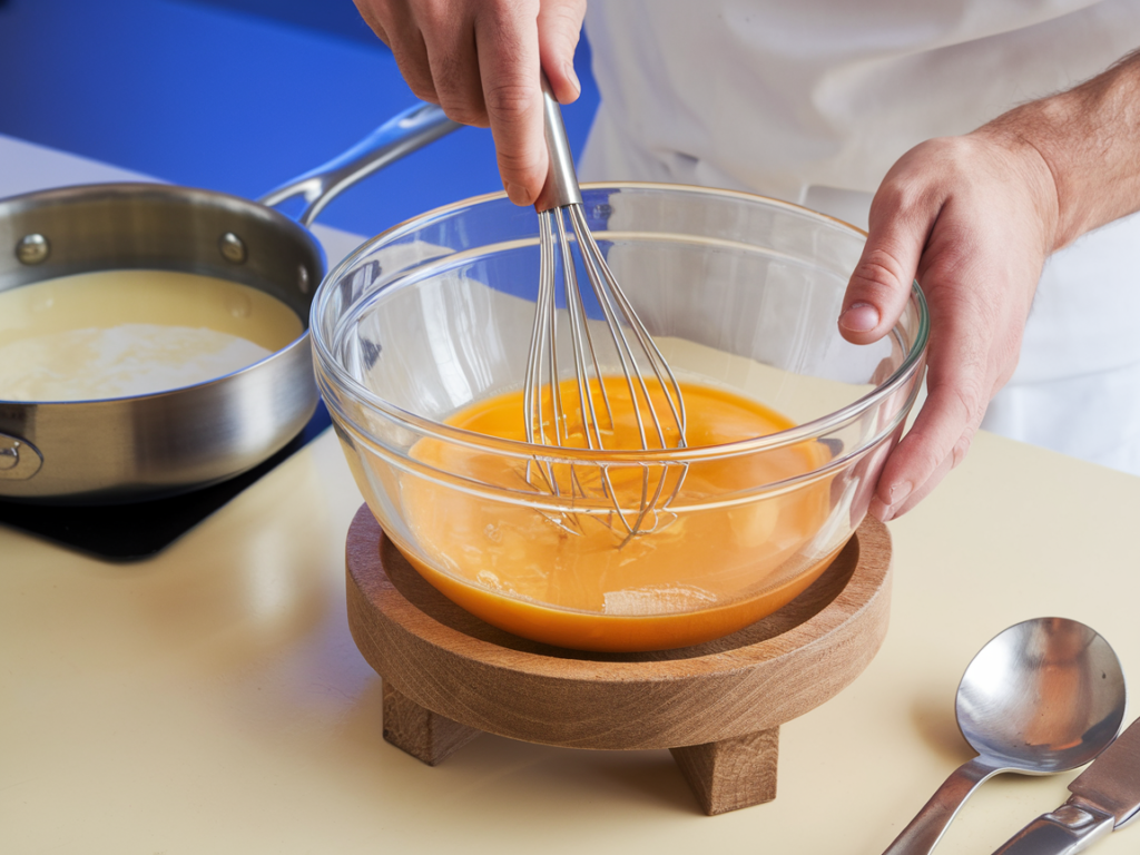 A chef whisking egg yolks and sugar in a glass bowl with warm cream nearby, preparing crème brûlée custard.