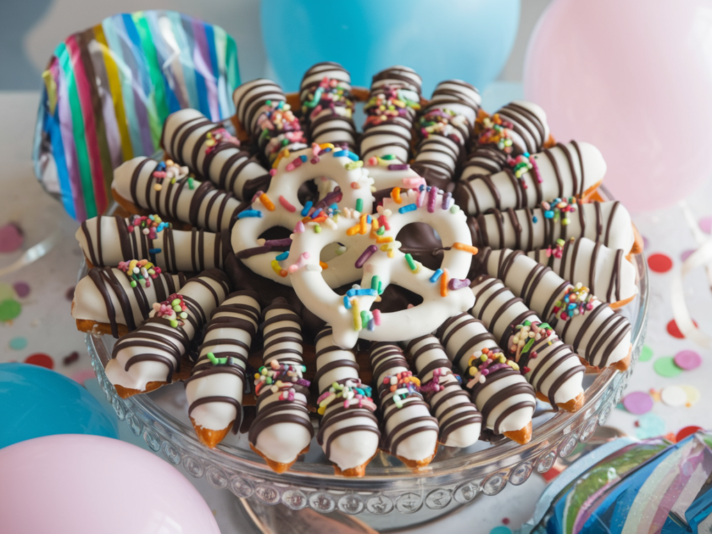 A platter of white chocolate pretzels with dark chocolate drizzle and sprinkles, surrounded by festive party decor.