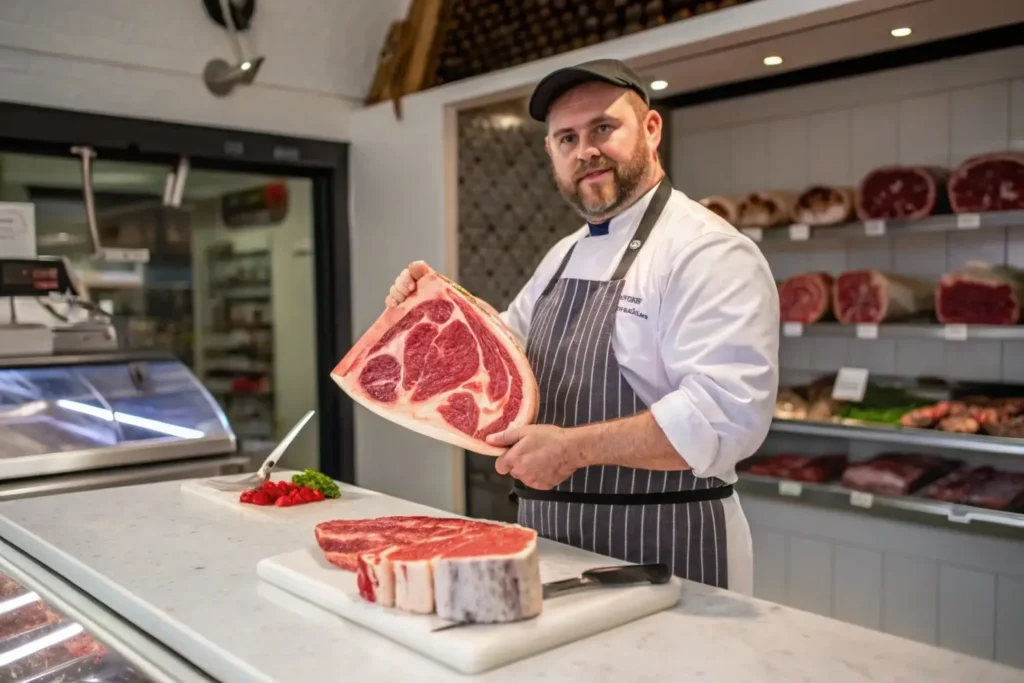 A butcher highlighting the ribeye primal with spinalis steak.