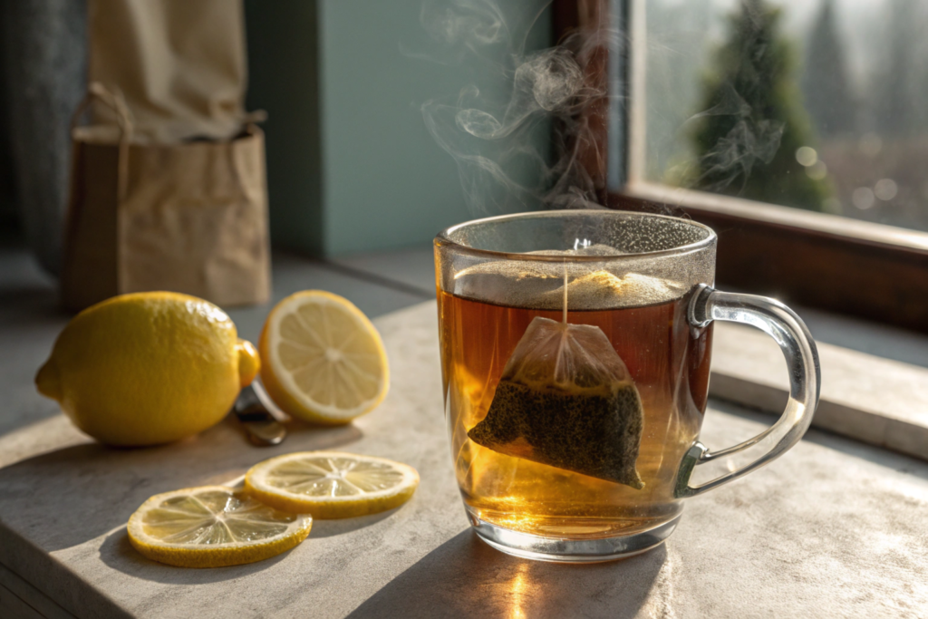 A clear mug of Medicine Ball tea with tea bags steeping and lemon slices nearby, showing the brewing process.