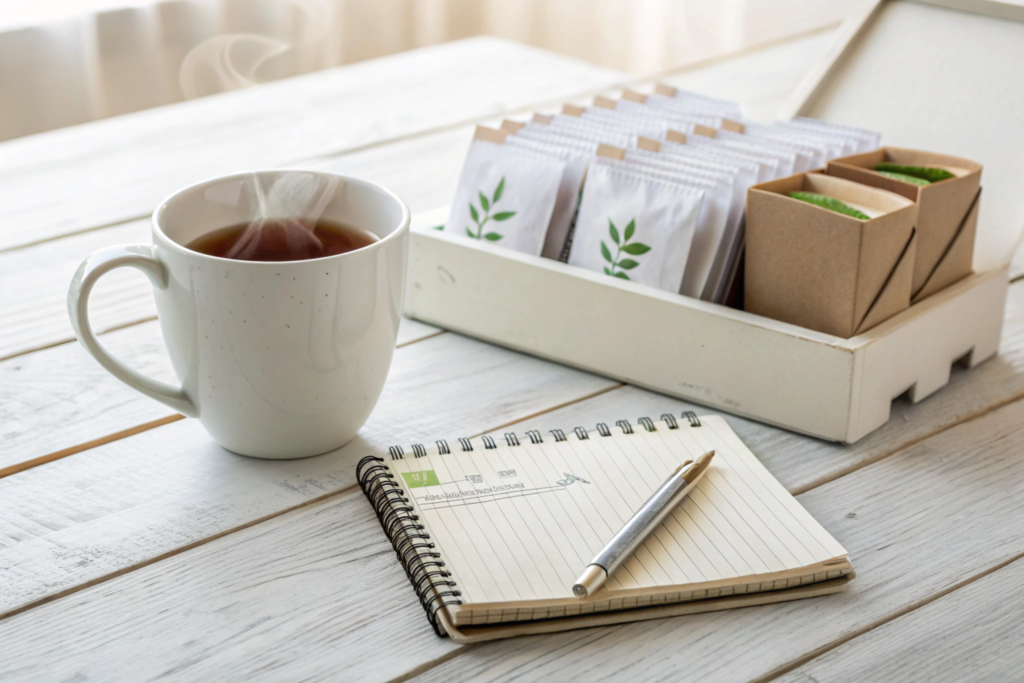  A glowing mug of Medicine Ball tea surrounded by icons of lemon, honey, and mint, highlighting its health benefits.