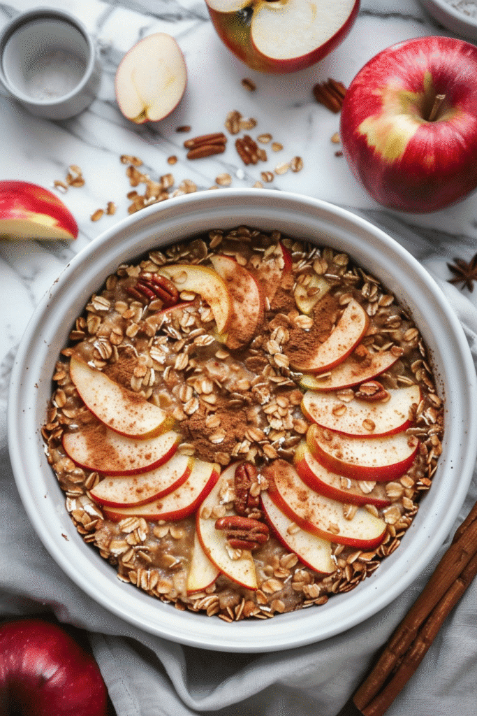 Baked oatmeal with fresh apple slices and cinnamon in rustic bowl