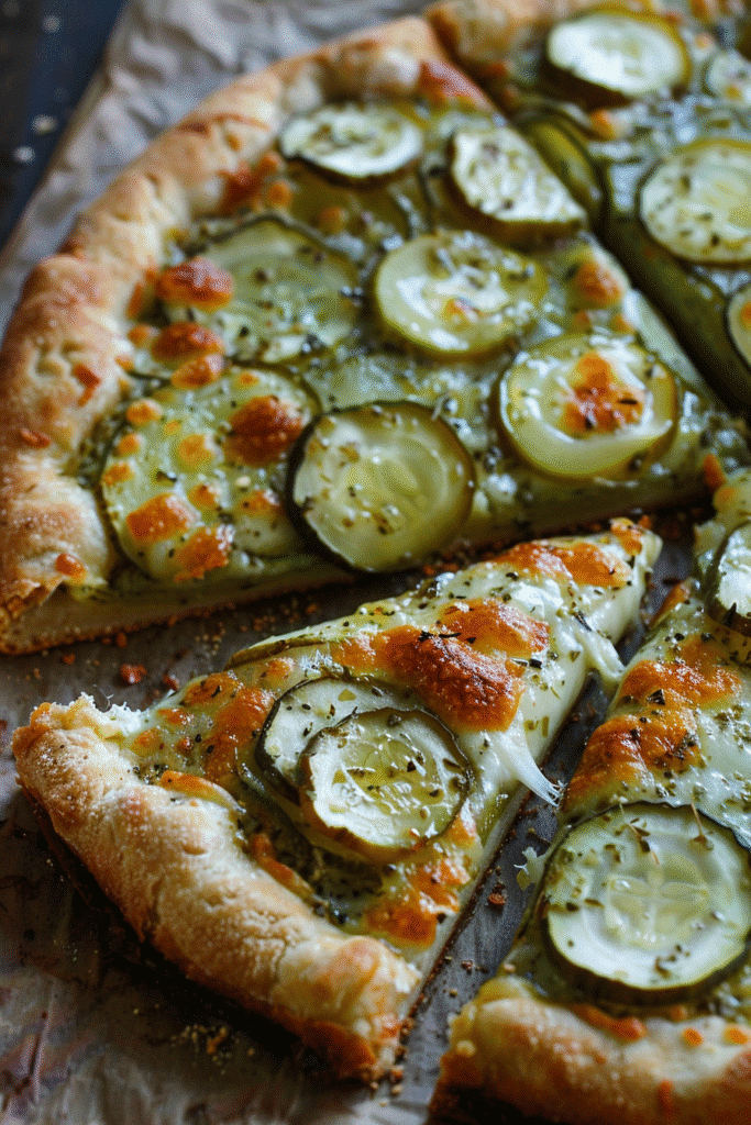 Savory pickle pie pizza with melted cheese and dill pickles on a crisp golden crust