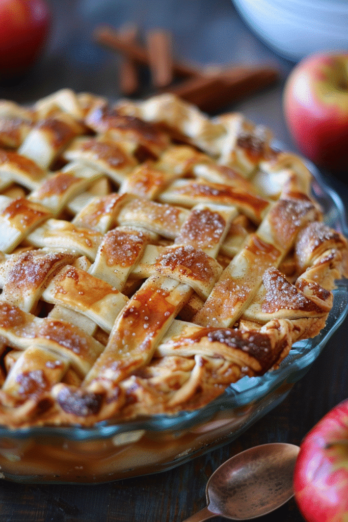 Cinnamon roll apple pie with swirled crust and apple filling in a rustic kitchen scene