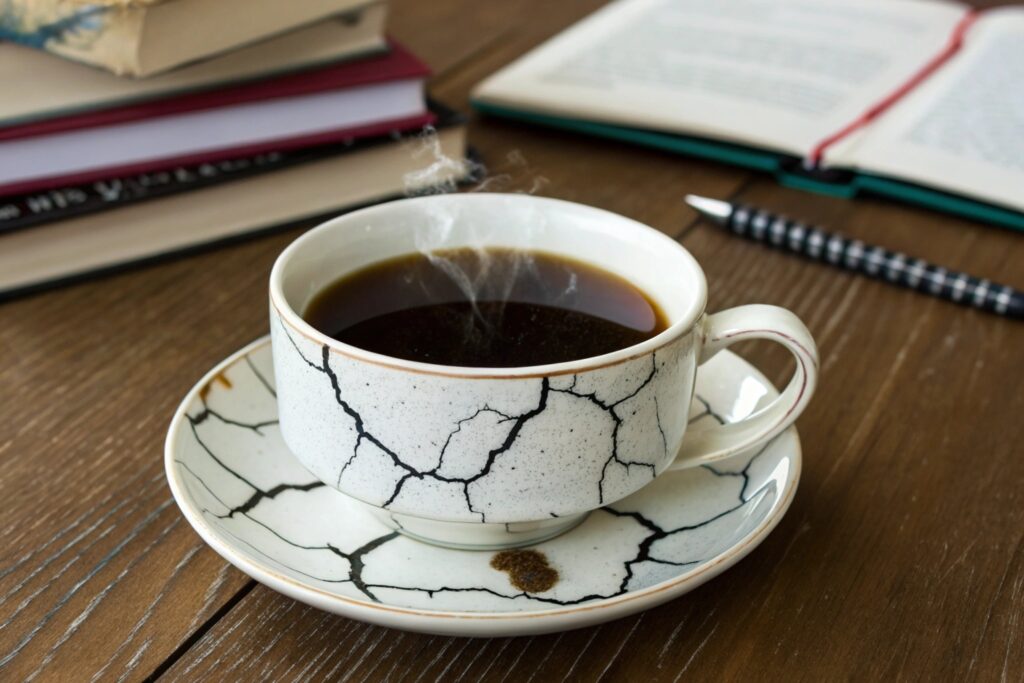 A person frustrated at a desk with a half-empty cup of black tea and an alarm clock