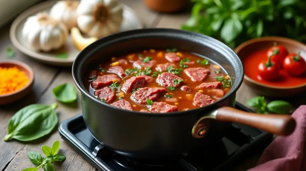 Pot of beef bone broth simmering on a stove, surrounded by fresh garlic, herbs, and spices.

