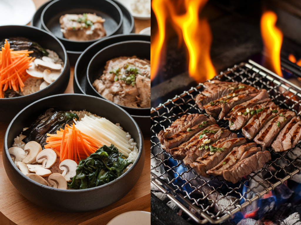 Side-by-side comparison of Bibimbap ingredients and Bulgogi beef grilling on a BBQ.