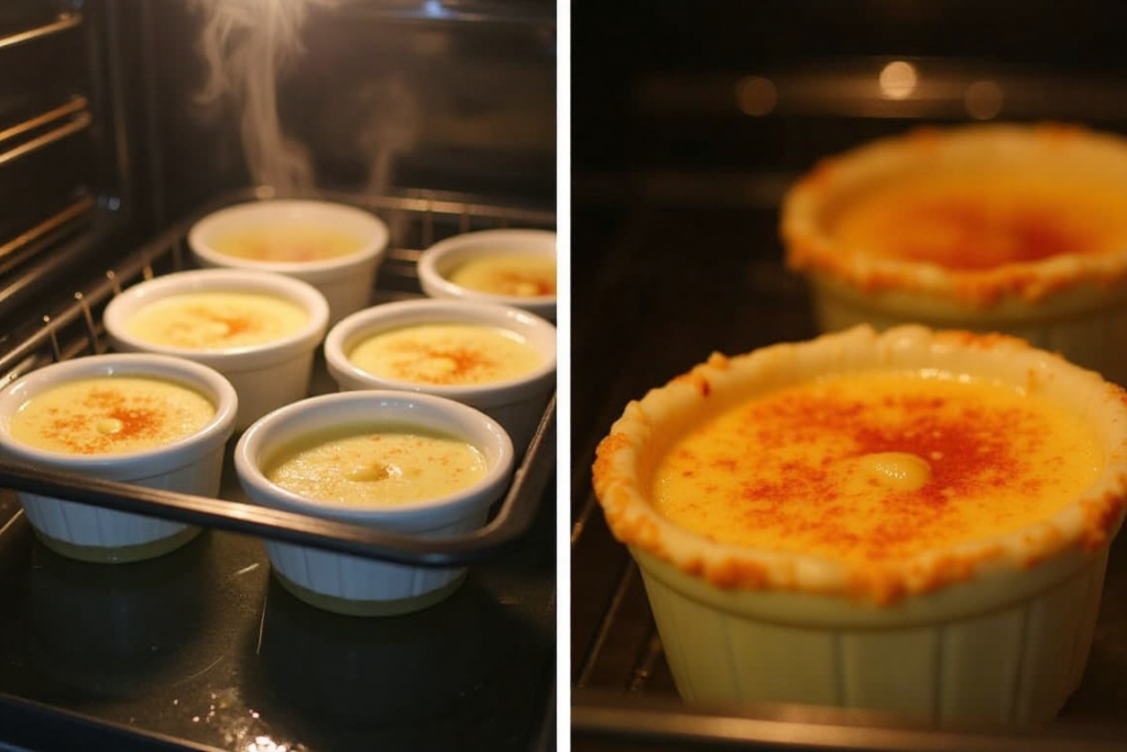 Ramekins of Crab Brulee baking in a water bath, followed by caramelized topping being torched to golden perfection.