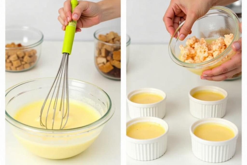 Step-by-step preparation of Crab Brulee: whisking custard, folding in crab meat, and filling ramekins in a clean kitchen.