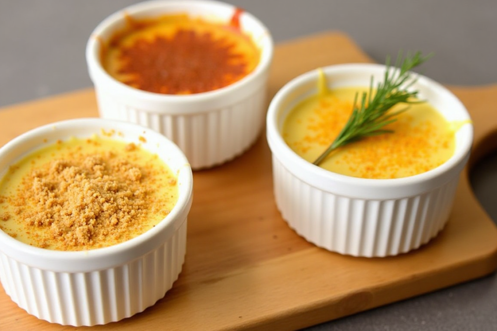 Three savory custard variations topped with cheese, breadcrumbs, and herbs.