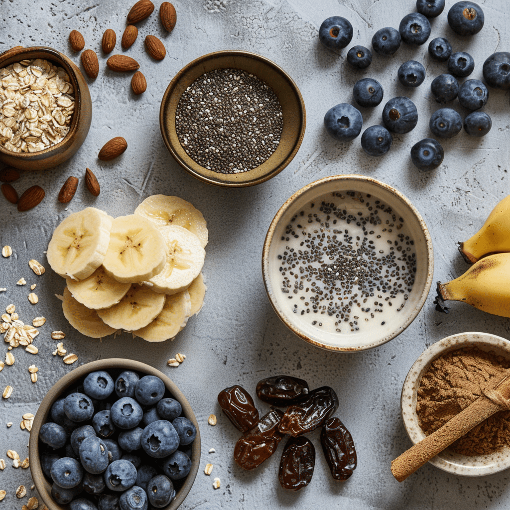 Ingredients for Daniel Fast breakfast bowl on wood surface