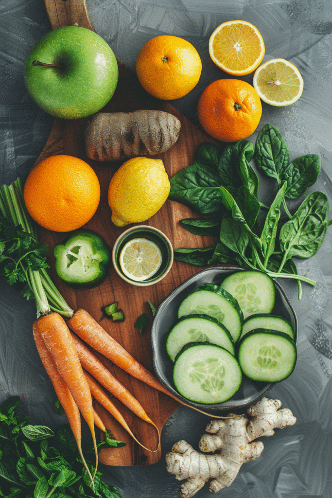 Flat lay of colorful fruits and vegetables for juice fasting