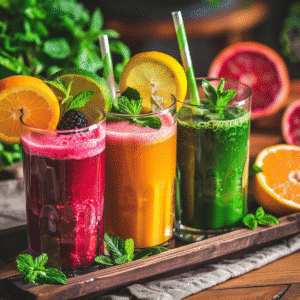 Four fresh juices on a tray – green, orange, beet, and minty cucumber blends