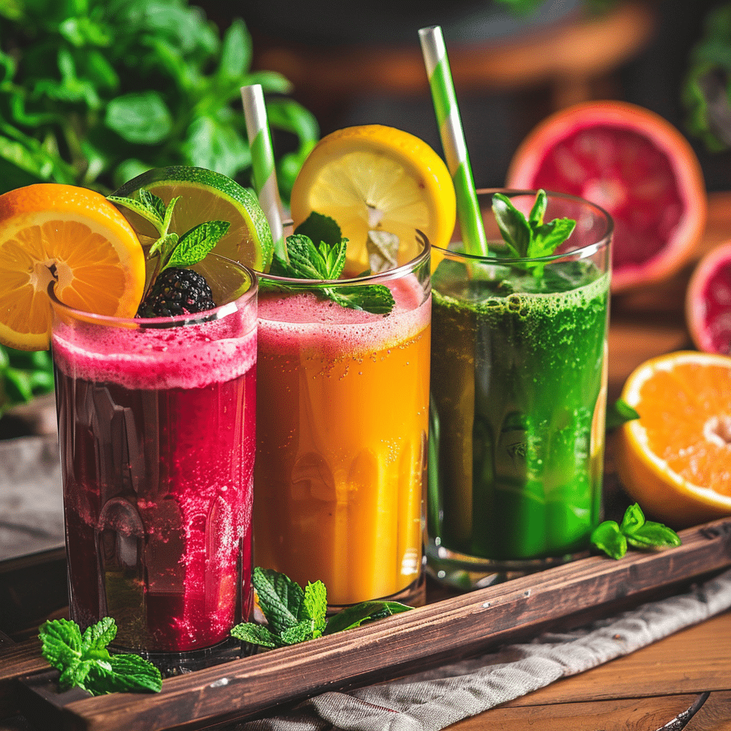 Four fresh juices on a tray – green, orange, beet, and minty cucumber blends