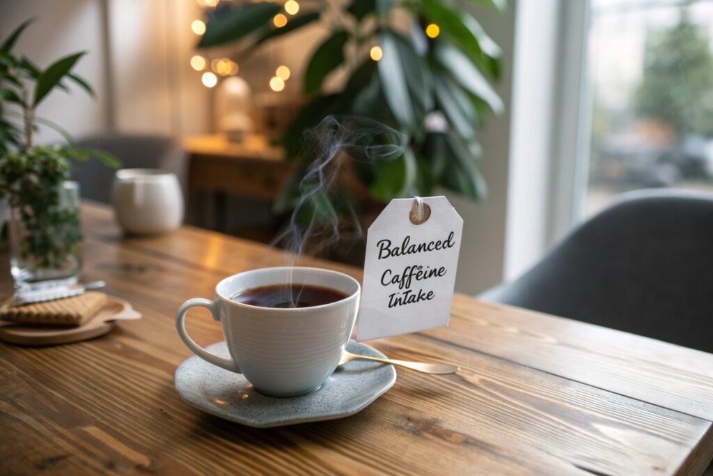 A serene morning setup with decaffeinated black tea and a 'Stay Balanced' note.