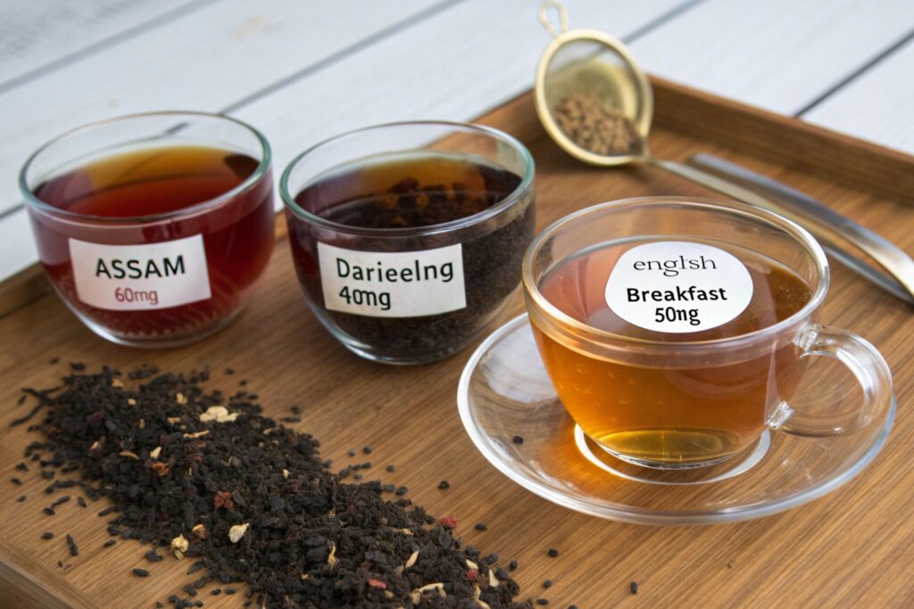 Glass cups filled with Assam, Darjeeling, and Earl Grey tea on a table with labels.