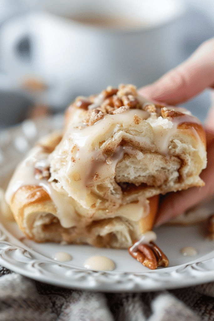 Gooey, rich homemade cinnamon roll fillings in a rustic bowl