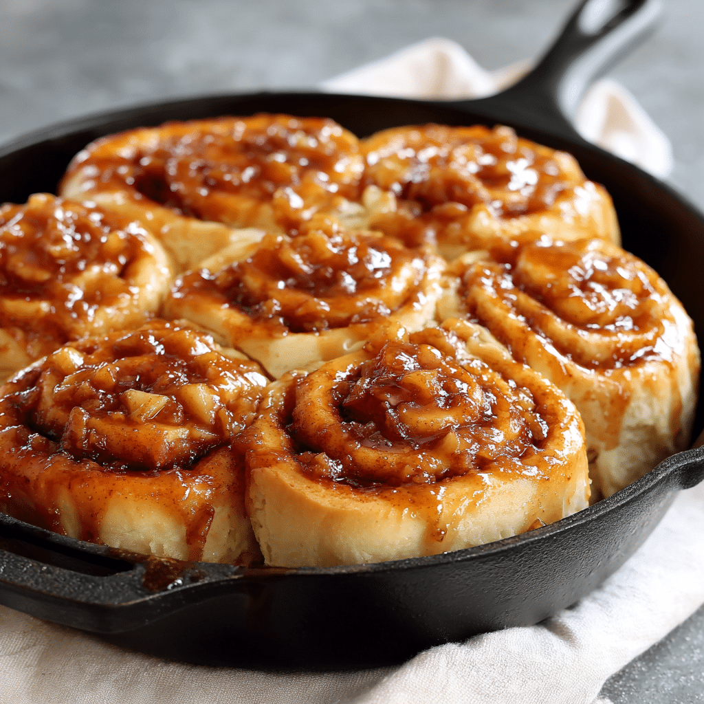 Gooey cinnamon rolls filled with apple pie filling in a rustic ceramic bowl