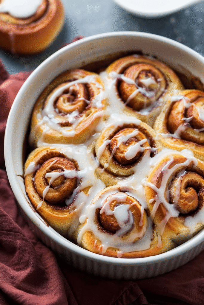 Gooey cinnamon rolls drizzled with heavy cream glaze in rustic bowl