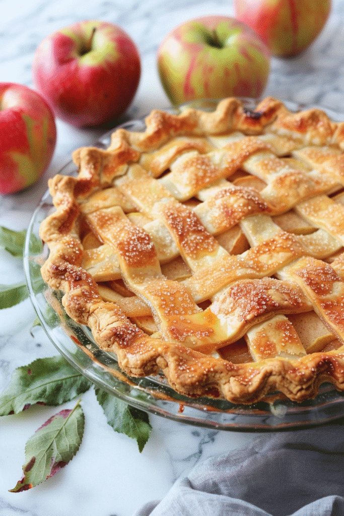 Close-up of a golden French apple pie with cinnamon apples in a rustic ceramic dish