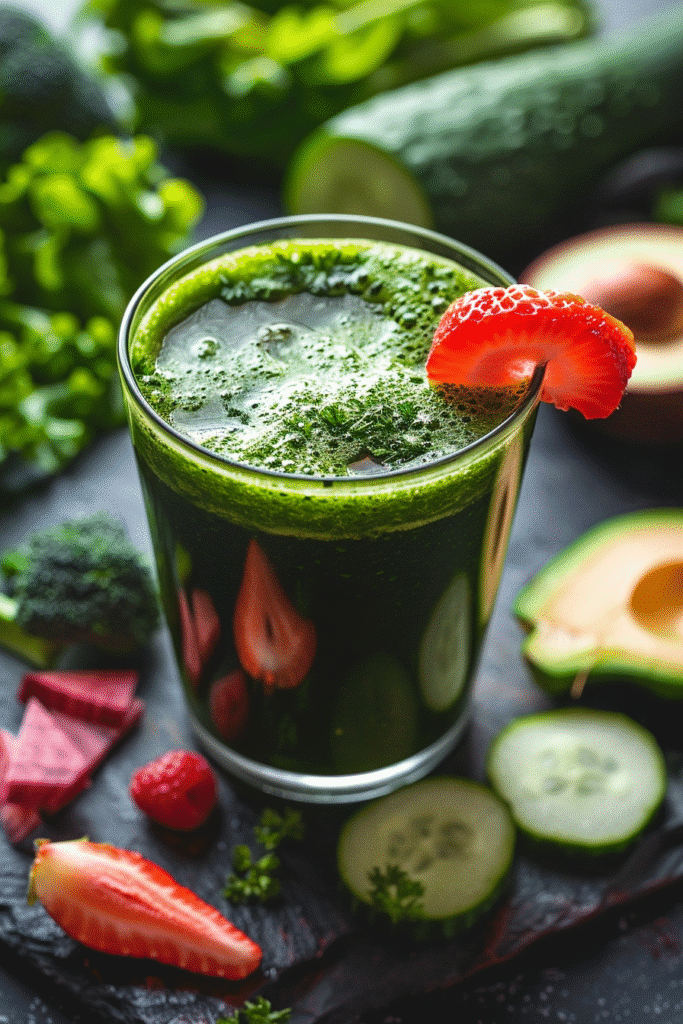 A colorful rustic bowl filled with fresh juice cleanse ingredients, vibrant and ready for a 7-day detox