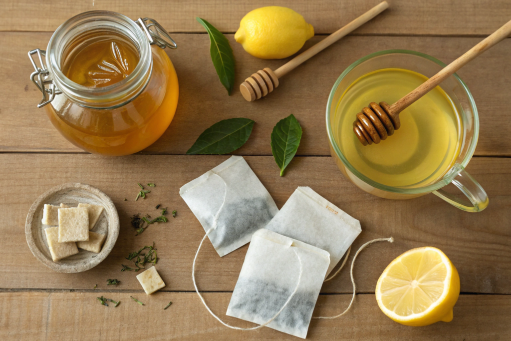 Essential ingredients for Medicine Ball tea, including tea bags, honey, lemon, and lemonade, displayed on a flat surface.