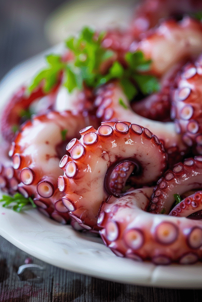 Sliced fresh octopus sashimi beautifully arranged with garnish in rustic ceramic bowl